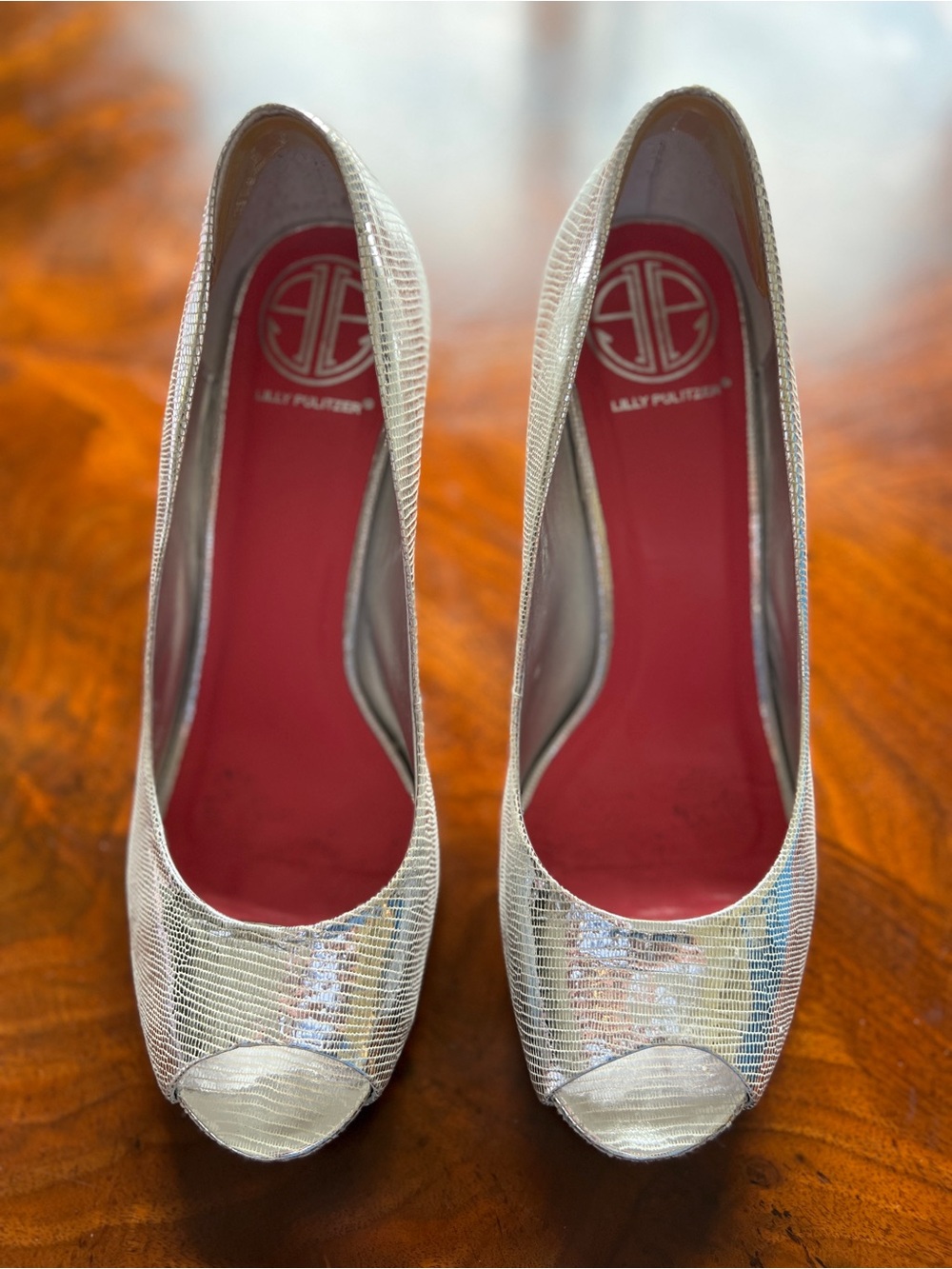 Lilly Pulitzer Metallic Silver Peep-Toe Wedges with Pink Insole